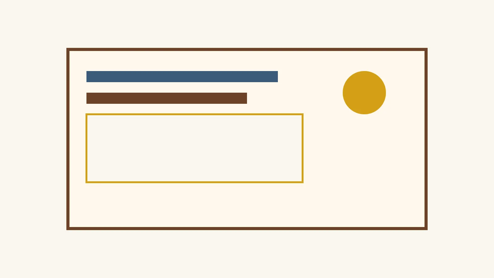 A cream letterform with denim and walnut bars and a mustard seal